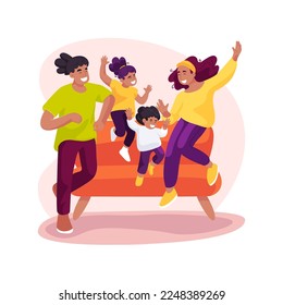 Family fun isolated cartoon vector illustration. Family having fun at home, children jumping on the sofa in the living room, happy moment, spending leisure time together indoor vector cartoon.