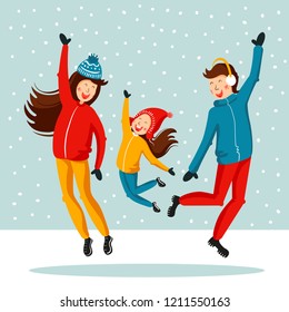 Family fun jumping in the winter holidays. Mom, dad and daughter vector illustration in cartoon style