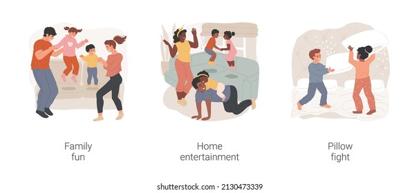 Family fun moments isolated cartoon vector illustration set. Family members having fun together in living room, home entertainment, happy children laughing, pillow fight in bedroom vector cartoon.