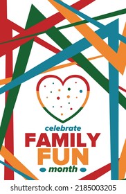Family Fun Month. Happy summer holidays, celebrated annual in August. Opportune time to to enjoy family with extra fun and activities. Poster, greeting card, banner and background. Vector illustration