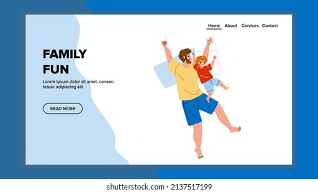 Family Fun Playful Time In Bed Together Vector. Father And Son Child Family Fun Game In Bedroom. Happiness Characters Man And Boy Kid Recreation At Home Web Flat Cartoon Illustration