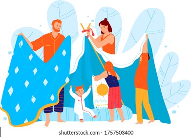 Family fun spend time, parent build plaything tent from blanket isolated on white, cartoon vector illustration. Father mother cheerfully entertain small children, concept big household play.