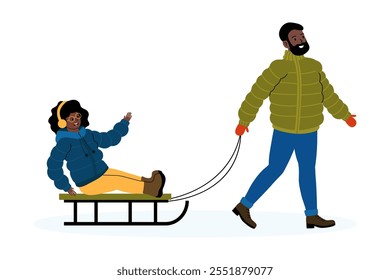 Family fun in winter snow with sledding and joyful laughter at the park