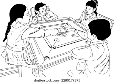 Family Fun: Young Children Playing Carom Board During Summer Vacation, Childhood Memories: Vector Illustration of Carom Board Game at Home,  Children Playing Carom Board Together