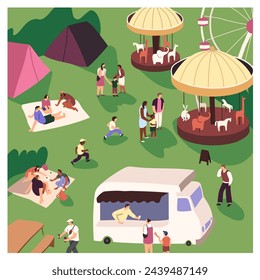 Family funfair in amusement park. People camping, have a picnic, eating ice cream from food truck, fun on attractions, carrousel. Summer entertainment on festive holidays. Flat vector illustration