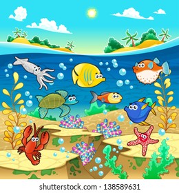 Family of funny fish in the sea. Vector and cartoon illustration. 