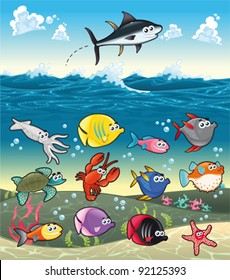 Family of funny fish under the sea. Vector isolated characters.