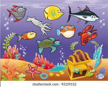 Family of funny fish under the sea. Vector illustration.