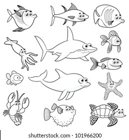 Family of funny fish. Vector isolated black and white characters.