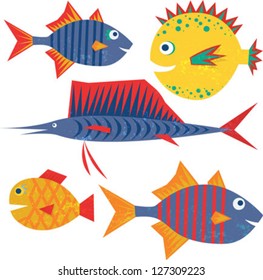 Family of funny fish. Vector isolated cartoon characters. Concept of seaside resort, vacation, diving, family, friendship and good time. May be used as wall stickers for children room decoration.