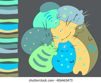 Family of funny multicolored cats. Vector illustration.