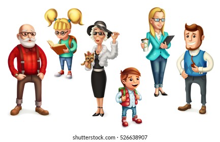 Family. Funny people. Father, mother, grandmother, grandfather, son, daughter. 3d vector icon set