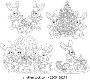 Family of funny rabbits at their holiday table with a fancy cake, a decorated Christmas tree and gifts, set of black and white vector cartoon illustrations for a coloring book page