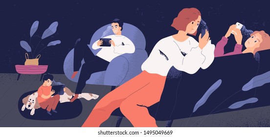 Family Gadget Addiction Problem Concept Flat Vector Illustration. People Holding Smartphones And Tablets. Adults And Children Social Media Networks Users. Parents And Kids Surfing Internet At Home.