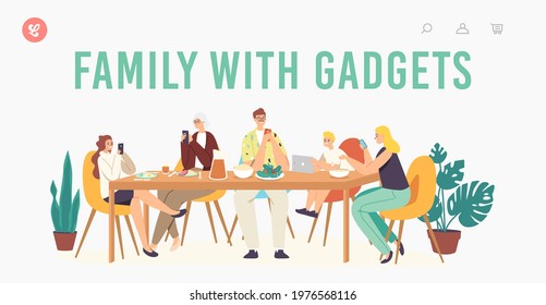 Family with Gadgets Landing Page Template. Characters Suffering of Social Media Addiction. Parents, Granny and Children Sitting Together at Home Using Smartphones. Cartoon People Vector Illustration