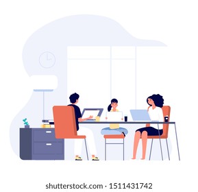 Family with gadgets. Mom, dad and kid with laptops and tablets at table together. Internet addiction, online lifestyle vector concept