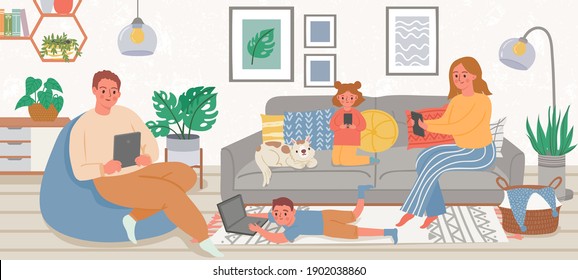 Family With Gadgets. Parents And Kids At Home Using Smartphone, Tablet And Laptop For Social Media And Game. Gadget Addiction Vector Concept. Illustration Family Home Together With Phone