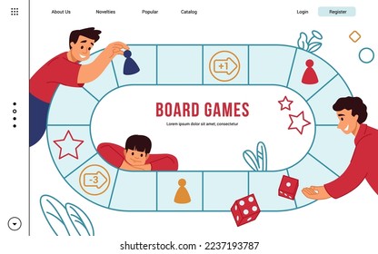 Family game board, playing landing page. Business people fun, happy man hand team, success education. Happy people with dice and chips. Vector cartoon flat illustration banner template