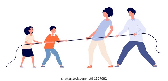 Family Game. Child Parents Pull Rope, Tug Of War Play Adults Children. Relationship Balance Or Generational Competition Utter Vector Concept