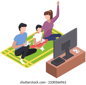 Family game concept, parents with kid play video game with tv screen holding gamepad controller. People and videogame with station. Entertainment for adults and children with modern digital device