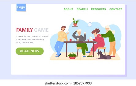 Family game landing page template with happy people parents and children playing board game spending evening time together. Living room interior at home. Characters playing cards and drinking beverage