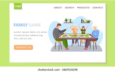 Family game landing page template with happy people parents and children playing board game spending evening time together. Living room interior at home. Characters playing logic game with chips