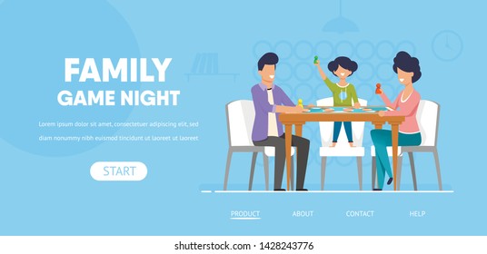 Family Game Night Horizontal Banner, Happy Father, Mother And Little Daughter Sitting At Table Playing Board Game Moving Chips. Indoors Spare Time Activity, Leisure. Cartoon Flat Vector Illustration