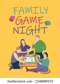 Family Game Night Vertical Poster. People Playing Together At Home. Funny Time. Board Games Concept. Editable Vector Illustration With Funny Characters Isolated On A Yellow Background. Portrait Banner