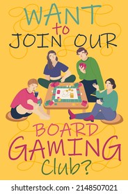 Family Game Night Vertical Poster. People Playing Together At Home. Funny Time. Board Games Concept. Editable Vector Illustration With Funny Characters Isolated On A Yellow Background. Portrait Banner