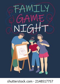 Family Game Night Vertical Poster. People Playing Together At Home. Funny Time. Board Games Concept. Editable Vector Illustration With Funny Characters Isolated On A Dark Background. Portrait Banner