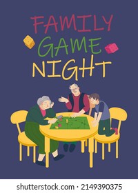 Family Game Night Vertical Poster. People Playing Together At Home. Funny Time. Board Games Concept. Editable Vector Illustration With Funny Characters Isolated On A Violet Background. Portrait Banner