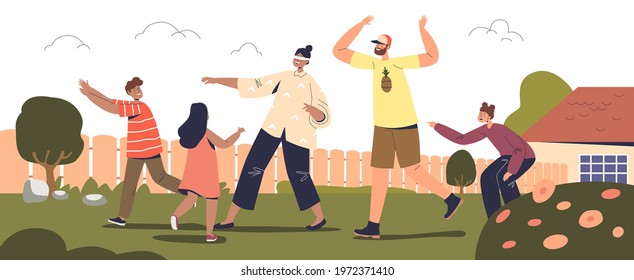 Family game outdoors: parents and kids playing blindfolded outside house on backyard together. Mom, dad and children have fun. Leisure activity concept. Cartoon flat vector illustration