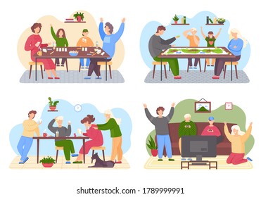 Family game set. Family playing various games flat. People having fun, spending time together at home. Parents and children enjoying table and video games. Indoor entertainment for adults and kids