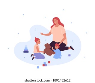 Family game together concept. Vector flat person illustration. Mother sitting and playing with daughter and toddler son. Cubes, pyramid and bear toys. Education by play.