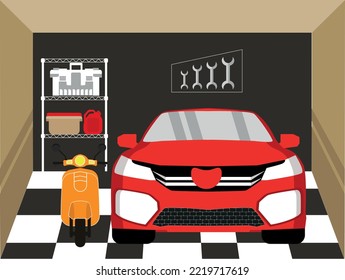 Family Garage, Motorcycle And Car Vector 