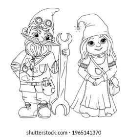 A family of garden gnomes. Coloring book with gnomes. A magical creature. The girl is a herbalist. Vector illustration isolated on white background.