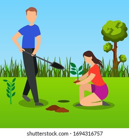family in garden planting tree illustration
