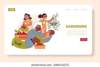 Family Gardening concept. A cheerful trio enjoys planting together, nurturing nature's bounty in planters. The joys of horticulture unite generations. Vector illustration.