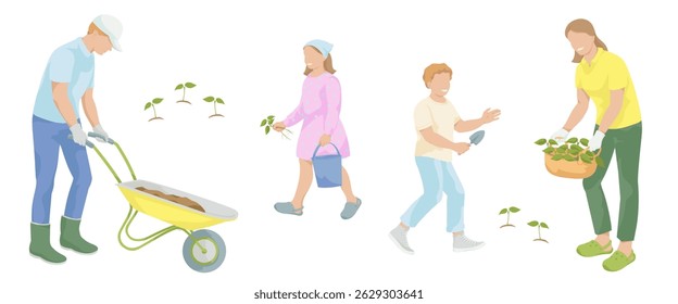 Family gardening. Man with garden wheelbarrow, women with plants, boy with hand shovel, girl with bucket