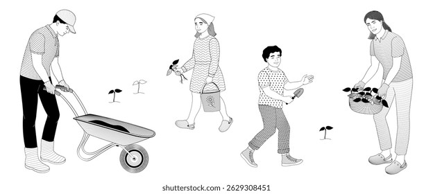 Family gardening. Man with garden wheelbarrow, women with plants, boy with hand shovel, girl with bucket Black and white vector illustration