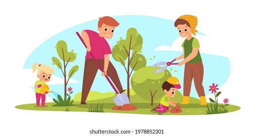 Family gardening. Parents and children take care of plants. Seasonal farm work. Mother cuts bush. Father digs ground. Kids watering and planting flowers. Vector outdoor people activities