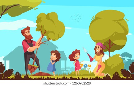 Family gardening parents with kids during trees planting and care of flowers on blue background vector illustration