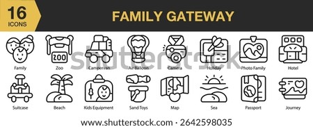 Family Gateway icon set. Includes getaway, family, vacation, summer, holiday, and More. Outline icons vector collection.