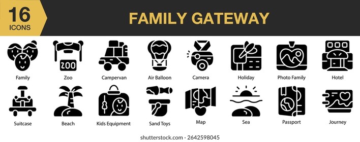 Family Gateway solid icon set. Includes getaway, family, vacation, summer, holiday, and More. Solid icons vector collection.