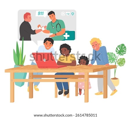 Family gathered around a table, learning about first aid through an online platform. They interact with medical professionals to gain essential emergency skills