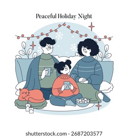 Family gathered on a cozy evening, enjoying warm drinks and snacks during the holiday season. Vector illustration captures the essence of togetherness and relaxation at home.