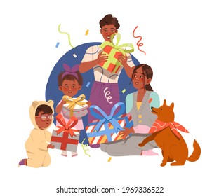 Family Gathered Together for Giving Gifts to Each Other Celebrating Special Occasion Like Birthday or Holiday Vector Illustration