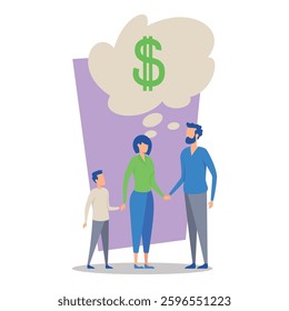 Family gathering in casual setting, with parents holding hands while child standing by. People contemplating financial matters, indicated by dollar sign above