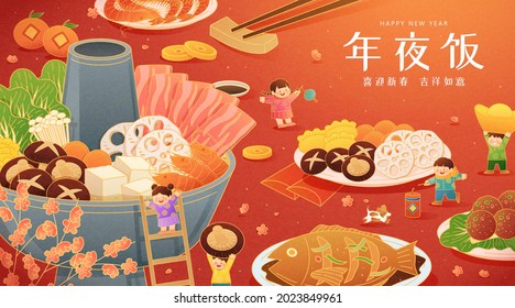 Family gathering for Chinese New Year's reunion dinner which featuring hotpot and sumptuous homemade dishes on red background. Chinese Translation: reunion dinner on New Year's Eve  