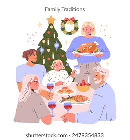 Family gathering for Christmas dinner, sharing festive meals around the decorated tree. Intergenerational celebration concept. Vector illustration.